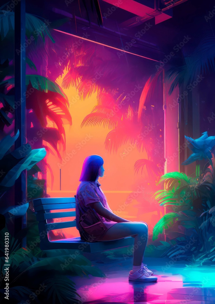 Illustration with lo-fi aesthetic. Neon poster with a girl. Generative AI