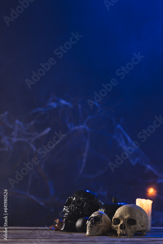 Vertical image of pumpkin, skulls and candle with copy space on dark background