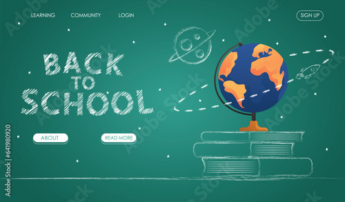 School banner. A cheerful "back to school" banner with a vivid cartoon design and a refreshing green background illustration of globus on the foreground. Vector illustration.