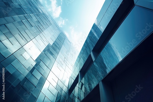 office exterior steel made center high architecture background light industrial blue skyscraper Wide glass commercial angle successful building rise view abstract concept
