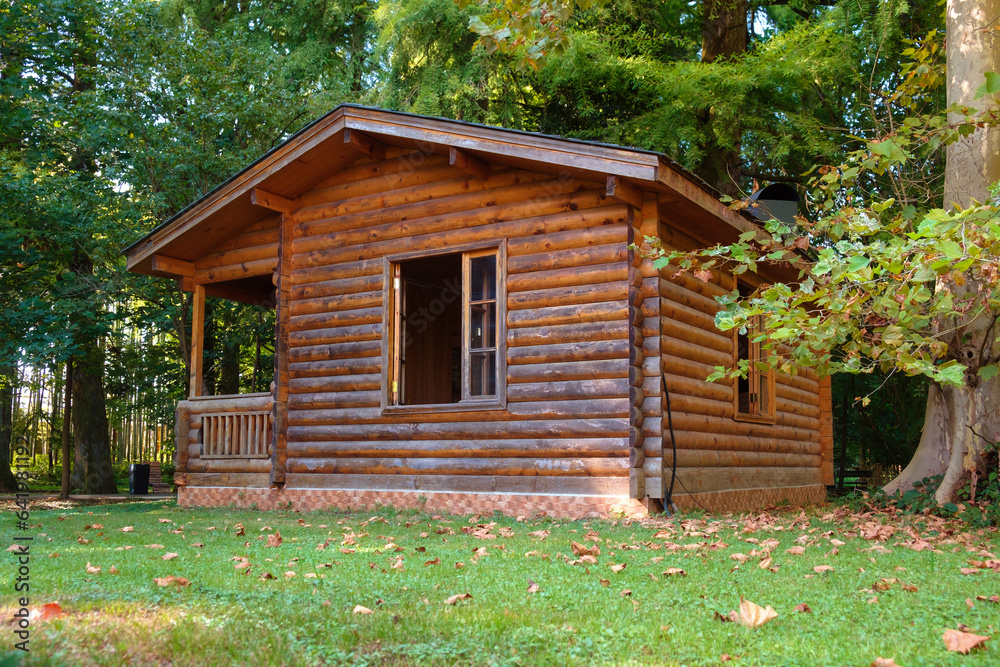 Beautiful wooden house or hut made with wood logs. Wooden hut in the yard overgrown with plants Beautiful wooden house or hut made with wood logs. Wooden hut in the yard overgrown with plants