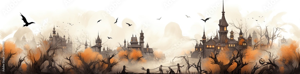 Spooky halloween landscape with evil pumpkins and castles. Generative AI