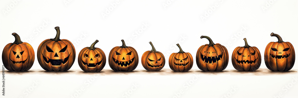 Lined pumpkins in a Halloween-style on a white background. Generative AI Lined pumpkins in a Halloween-style on a white background. Generative AI