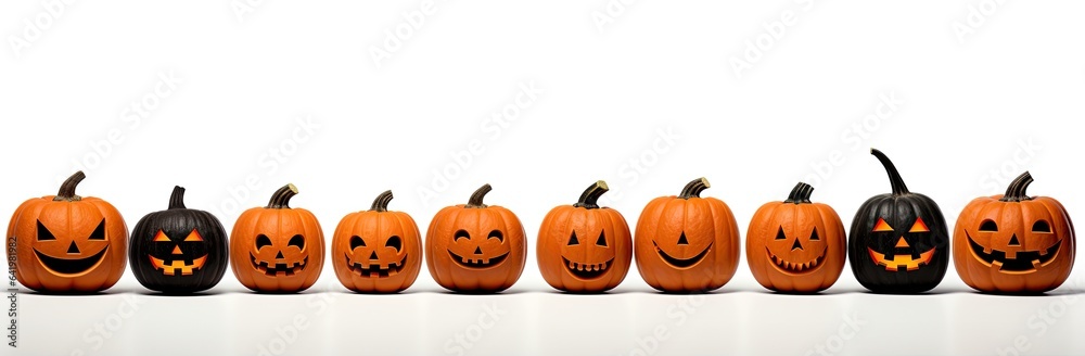 Lined pumpkins in a Halloween-style on a white background. Generative AI Lined pumpkins in a Halloween-style on a white background. Generative AI