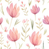 Watercolor seamless floral pattern with abstract flowers and leaves on white background.