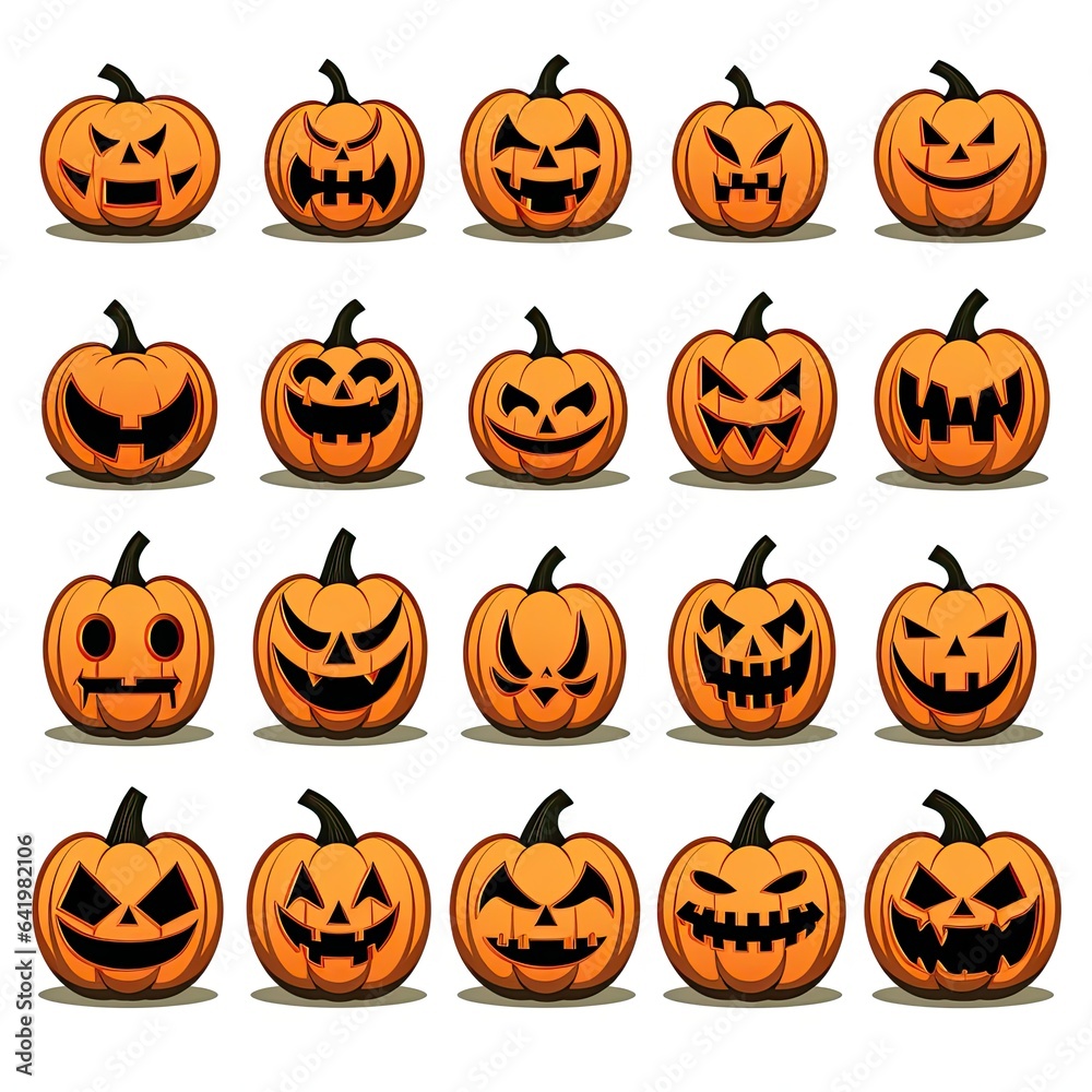 Pumpkins faces in a Halloween-style on a light background. Generative AI Pumpkins faces in a Halloween-style on a light background. Generative AI