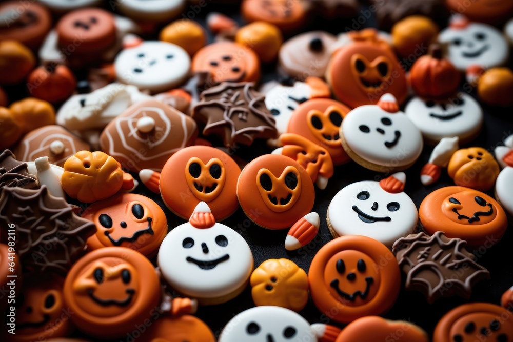 Festive Halloween and chocolat sweets on orange backgorund. Generative AI Festive Halloween and chocolat sweets on orange backgorund. Generative AI