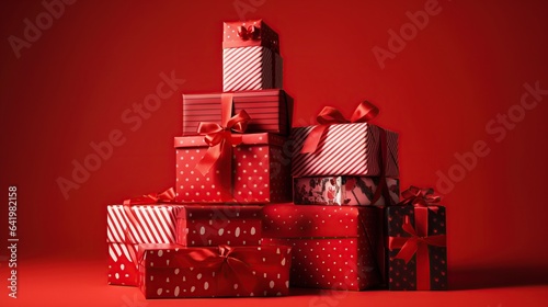 a stack of various red christmas presents on a red background