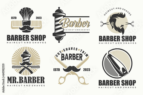 Set of vintage barber shop logo, labels, badges and design element.