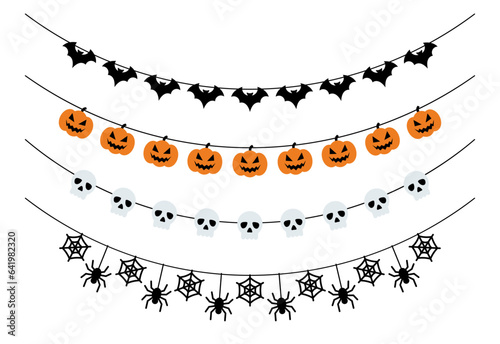 Bunting set with pumpkins, bats, spiders and skulls. Garlands for Halloween. Isolated vector and PNG on transparent background.