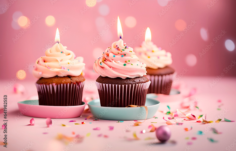 Three chocolate cupcakes with candles on a pink background, confetti, bokeh. Concept of birthday, holidays