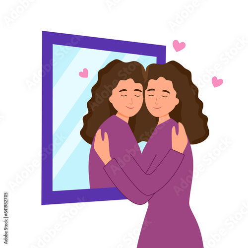 Self love or self care concept vector illustration. Woman hugging herself in the mirror flat design on white background.