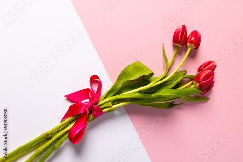 Bunch of red tulips and copy space on pink and white background