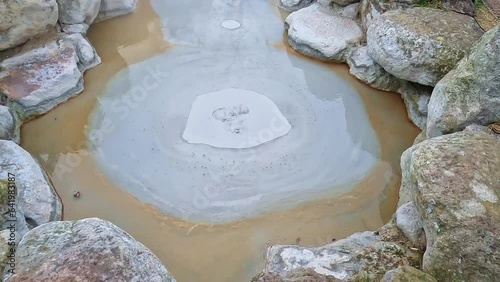 Close up view of a Mud volcano in Beppu, Oita, Kyushu, Japan. Steaming volcanic lake called Jigoku photo