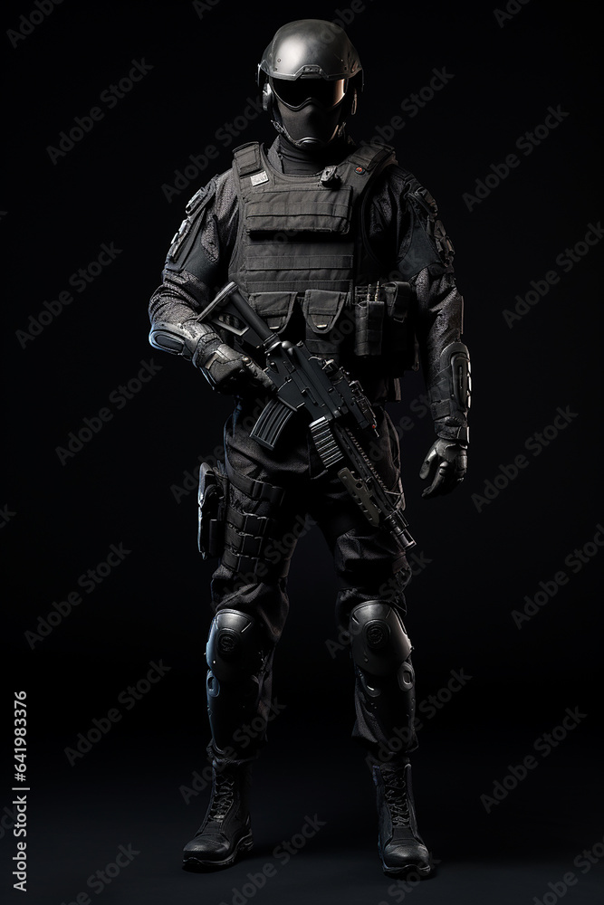 Furious elit soldier with full equip with tactical rifle on black background Furious elit soldier with full equip with tactical rifle on black background