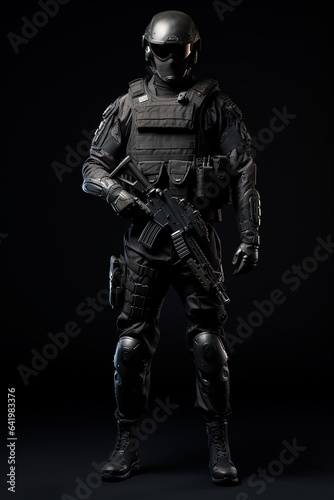 Furious elit soldier with full equip with tactical rifle on black background 