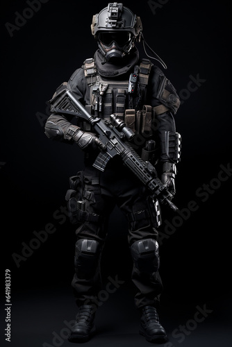 Furious elit soldier with full equip with tactical rifle on black background 