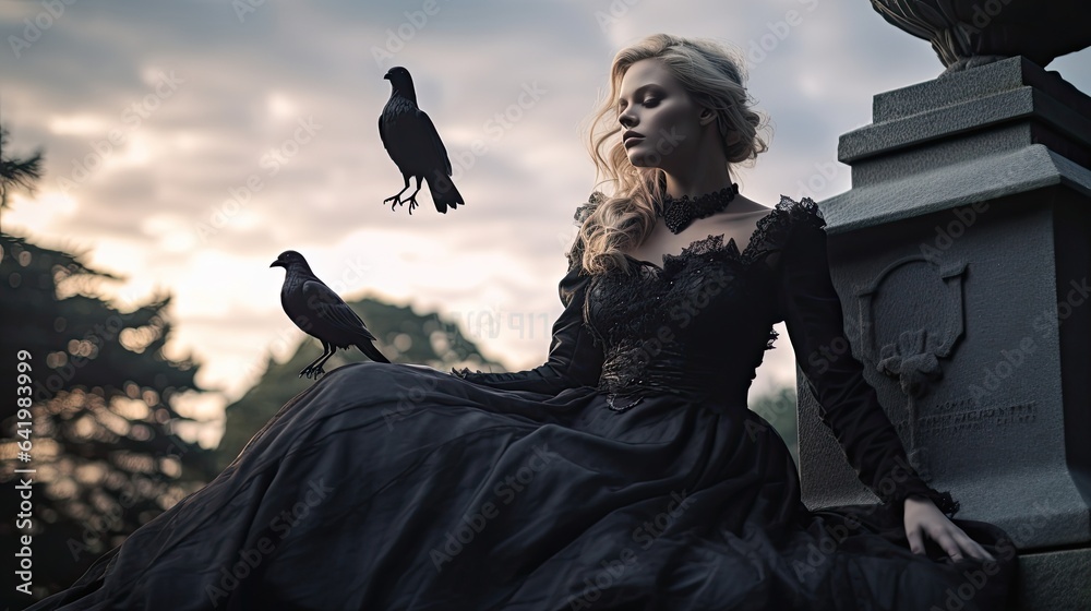 Fototapeta premium Model in a Victorian mourning gown, sitting atop a gothic gravestone, ravens perched around