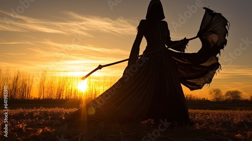 Model as the death's muse, with a dark hood and a scythe, against a setting sun