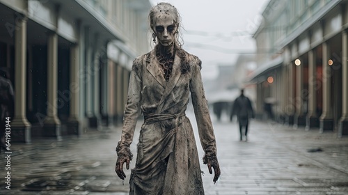 Model dressed as a high-fashion zombie, wandering in a deserted town square