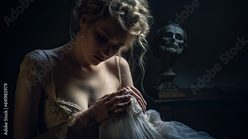 Model in a period costume, holding her decapitated head under her arm photo