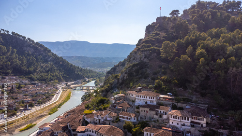 Aerial drone view of the city of Berat and its castle and fortress in Albania, the city of a thousand windows