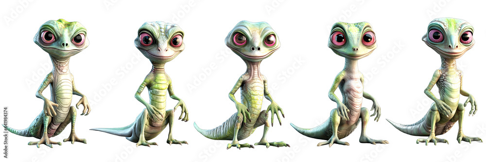 Fototapeta premium Reptilian humanoid Alien Set 3d Isolated On Transparent Background