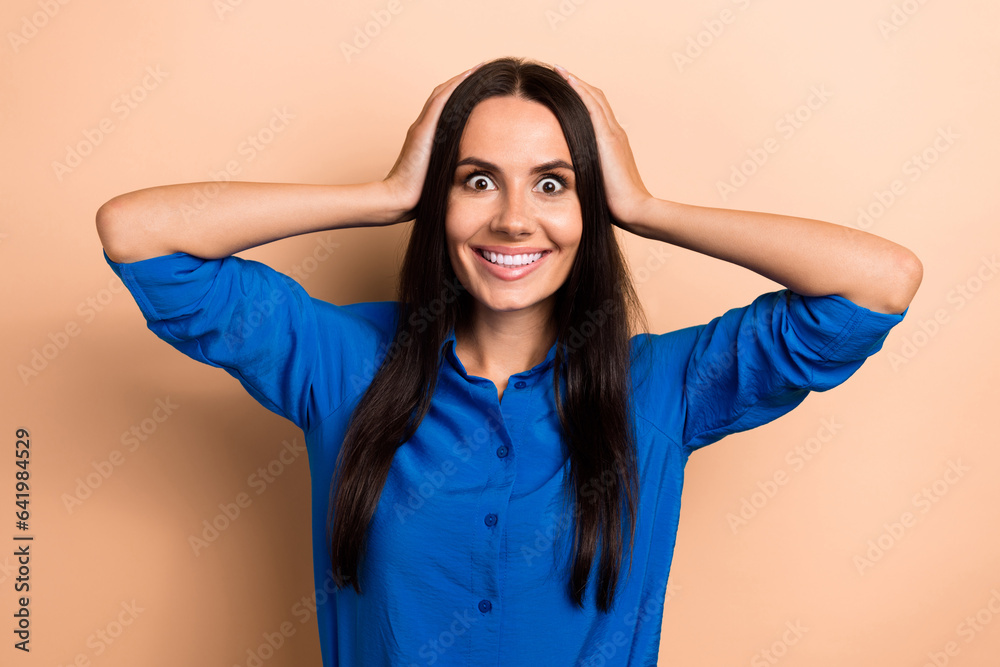 Photo of astonished cheerful lady wear stylish clothes arm touch head wow black friday offer low price isolated on beige color background Photo of astonished cheerful lady wear stylish clothes arm touch head wow black friday offer low price isolated on beige color background