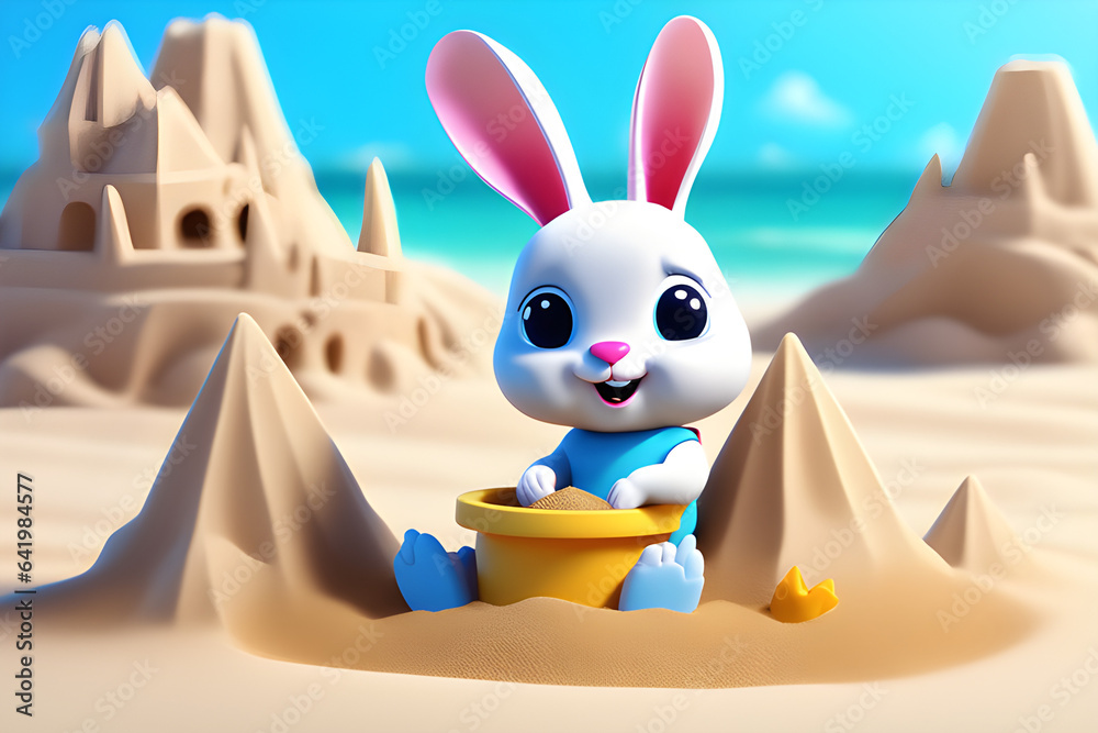 Sand Castle Rabbit Cute baby rabbit building sand castles. Generative AI. 생성형 AI Stock ...