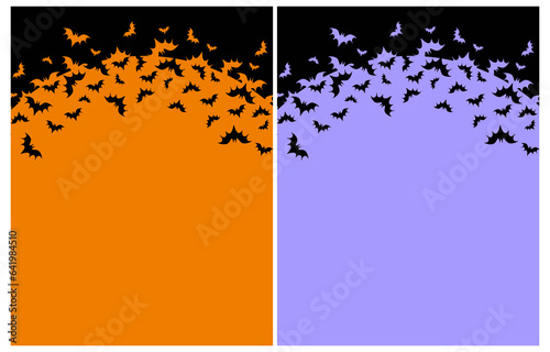 Halloween Party Vector Background with Black Flying Bats. Little Bats Isolated on a Violet and Orange Background. Halloween Layout with Copy Space ideal for Card, Banner, Flyer. RGB Colors.	
