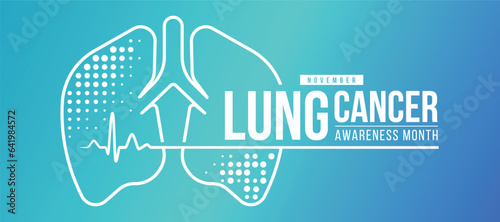 November, Lung cancer awareness month - White line lung sign with circle dot texture and cardiology wave line on blue green gradient background vector design