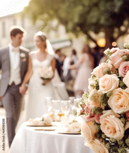 Wedding ceremony and celebration, bride and groom at a beautiful outdoor venue on a sunny day, luxury wedding decor with flowers and bridal bouquet, generative ai