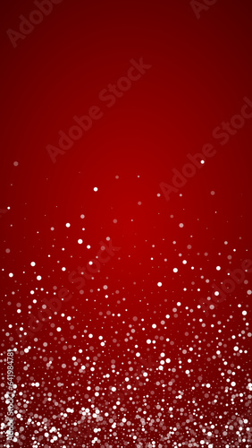 Falling snowflakes christmas background. Subtle flying snow flakes and stars on christmas red background. Beautifully falling snowflakes overlay. Vertical vector illustration.