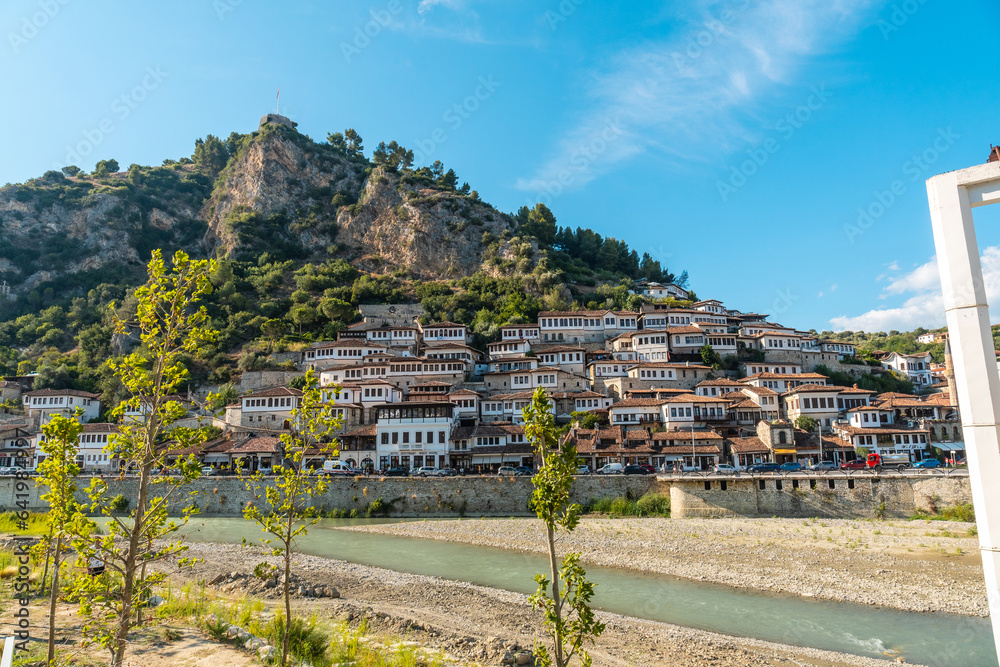 The beautiful historic town of Berat in Albania its castle above, UNESCO World Heritage Site, City of a Thousand Windows