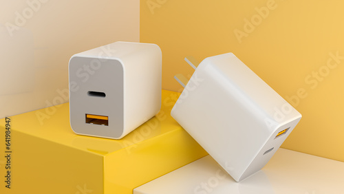 3D render of White color adapter plug with USB-A and USB-C for new smartphone on orange background.