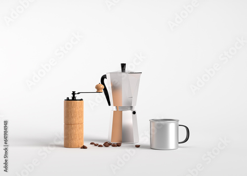 3D render set of coffee drip equipment on white background.