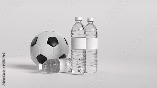 3D render of 3 Plastic bottles of drinking water and football isolated on white background.