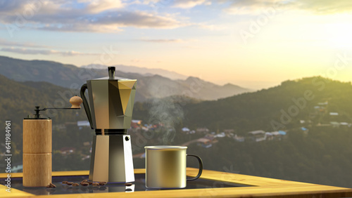 3D render set of coffee drip equipment on wooden balcony with mountain and nature view.