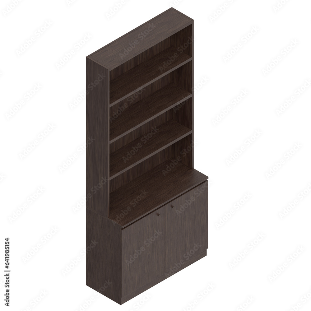 3D rendering illustration of an empty bookshelf with bottom drawers 3D rendering illustration of an empty bookshelf with bottom drawers