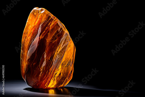 Smooth large Amber stone or fossilized resin in golden. yellow and orange colors. Isolated on black background.