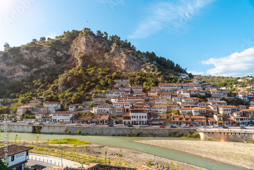The beautiful historic town of Berat in Albania its castle above, UNESCO World Heritage Site, City of a Thousand Windows photo
