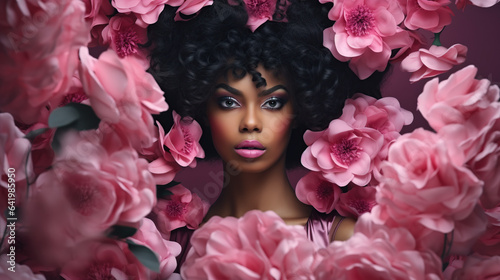 portrait of young african woman with pink flowers, fashion design backdrop    © iwaart