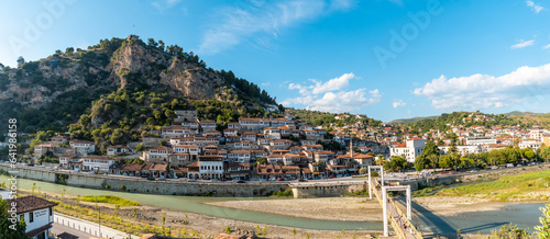 Panoramic of the historic city of Berat in Albania its castle above, UNESCO World Heritage Site, the city of a thousand windows