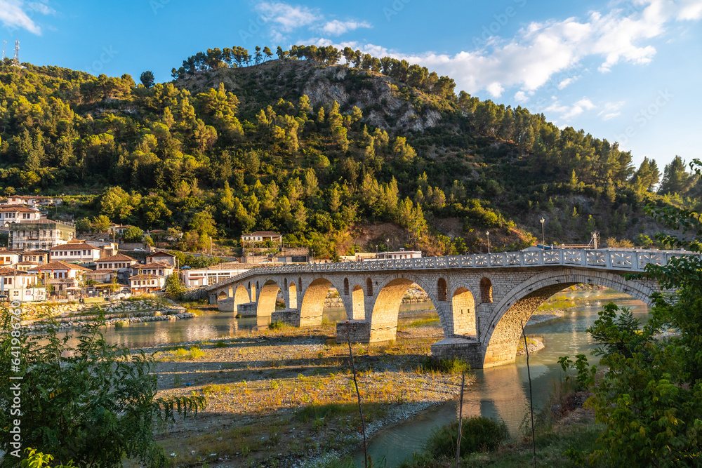 The Gorica Bridge in the historic city of Berat in Albania and its river, UNESCO World Heritage Site, the city of a thousand windows