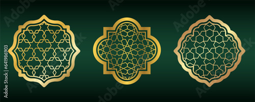 Golden amadan windows. Islamic round frames with ornament. Arabic mosque shapes set on green background. Islamic vector decoration photo