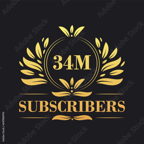 34M Subscribers celebration design. Luxurious 34M Subscribers logo for social media subscribers