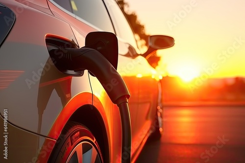 An electric car is charging at an electric station in the city, sunset light, future technologies. Generative AI