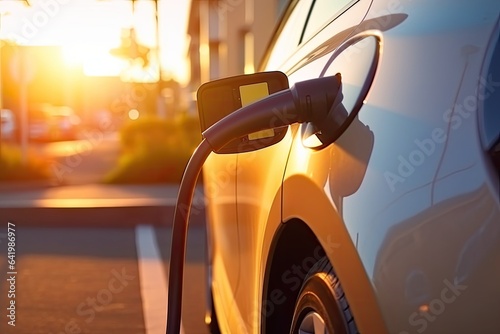 An electric car is charging at an electric station in the city, sunset light, future technologies. Generative AI © Gelpi