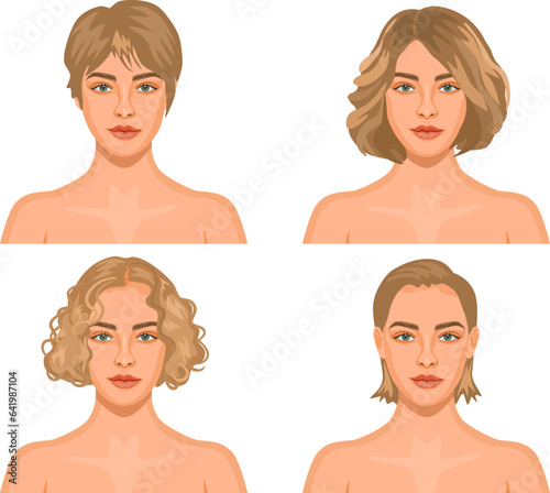 Variations of short hairstyles. A set of realistic female portraits. Detailed avatars of beautiful blonde women. 