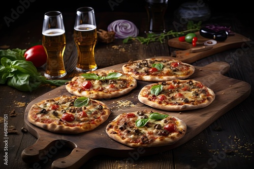 Tasty pizzas and beers on a wooden board with dark background. Generative AI